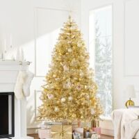 7.5' Prelit Gold Artificial Tinsel Christmas Tree w/ Foldable Stand