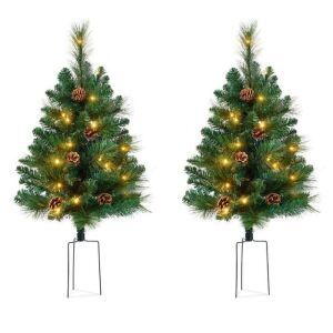 Set of 2 Pre-Lit Pathway Christmas Trees w/ Pine Cones, Timer - 24.5in