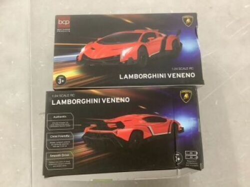 Lot of (2) 1/24 Kids RC Lamborghini Veneno Racing Car Toy w/ Lights, Shock Suspension - Red & White&nbsp;