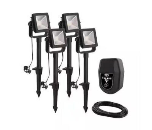 Hampton Bay&nbsp;350 Lumen Low Voltage Black Plug-In Integrated LED Outdoor Landscape Flood Light, 4-Pack