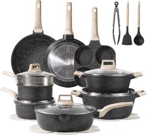 CAROTE 21pcs Pots and Pans Set Nonstick, Cookware Set Black Granite