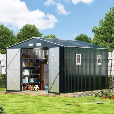 Outdoor Steel Storage Shed with Lockable Doors, 2 Windows, Transparent Roof Panels, 10' x 12' x 7.5' 