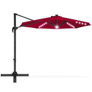 10ft 360-Degree LED Cantilever Offset Hanging Market Patio Umbrella w/ Easy Tilt - Burgundy. Appears New