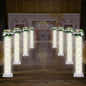  47" Tall White Carved Pillars with LED Lights, 8pc