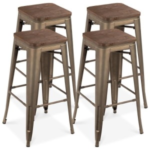 Set of 4 Industrial Steel Backless Bar Height Stools w/ Wooden Seats - 30in. Appear New