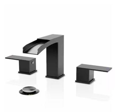 Phiestina 2 Handles Waterfall Bathroom Faucet for 3 Holes Sink with Pop Up Drain Assembly and Water Supply Lines in Matte Black