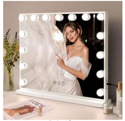 VANITII GLOBAL 22.8 in. W x 18.1 in. H Large Rectangular Framed Dimmable LED Tabletop Mounted Mirror in White