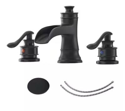 BWE 8 in. Waterfall Widespread 2-Handle Bathroom Faucet With Pop-up Drain Assembly in Spot Resist Matte Black