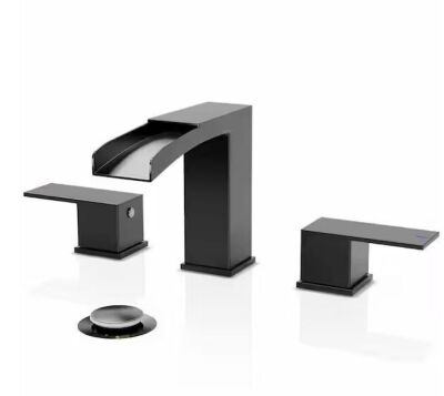 Phiestina 2 Handles Waterfall Bathroom Faucet for 3 Holes Sink with Pop Up Drain Assembly and Water Supply Lines in Matte Black