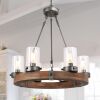 Wood Round Wagon Wheel 6-Light Fixture with Seeded Glass Shades