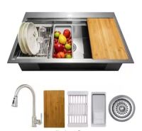 AKDY&nbsp;Handmade All-in-One Drop-in Stainless Steel 33 in. x 22 in. Single Bowl Workstation Kitchen Sink with Pull-down Faucet
