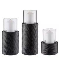 DANYA B&nbsp;Contemporary Candle Holders with Clear Glass Hurricanes and Textured Metal Base, Set of 3