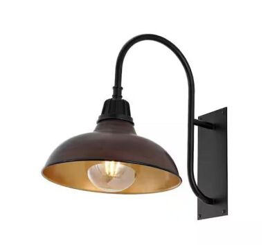 JONATHAN Y Stanley 12.25 in. Wood Finish/Copper 1-Light Farmhouse Industrial Indoor/Outdoor Iron LED Gooseneck Arm Outdoor Sconce