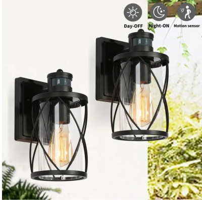 Uolfin 2-Pack Modern Black Drum Outdoor Wall Light TORA 1-Light Motion Sensor Wall Lantern Sconce with Clear Glass Shade