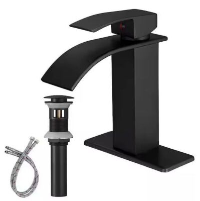 HOMEMYSTIQUE Waterfall Single Hole Single-Handle Low-Arc Bathroom Faucet With Pop-up Drain Assembly in Matte Black