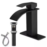 HOMEMYSTIQUE&nbsp;Waterfall Single Hole Single-Handle Low-Arc Bathroom Faucet With Pop-up Drain Assembly in Matte Black