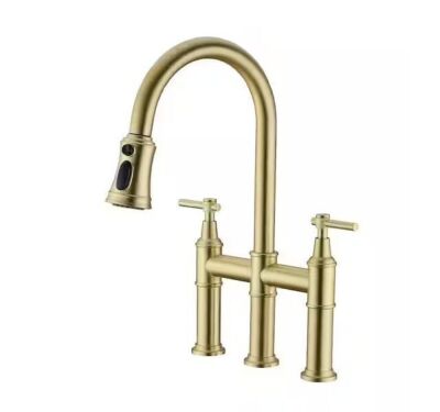 Double Handle Bridge Kitchen Faucet with Pull Down Sprayer Brass 8 in. 3 Holes Kitchen Sink Faucets in Brushed Gold