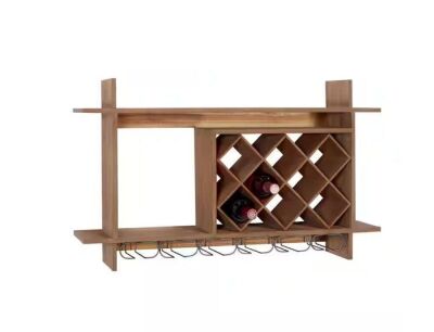 Litton Lane 9-Bottle Brown Geometric Wall Wine Rack with 6 Glass Holder Slots
