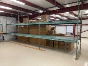 (3) Sections of 4 ft. deep Pallet Racking. Lot Includes: (4) 10 ft. Teardrop Hole Uprights, (12) 8 ft. Shelf beams to make 6 Shelves, and Metal Decking for the Shelves