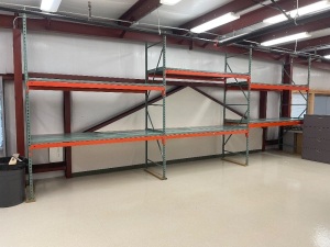 (3) Sections of 3 ft. deep Pallet Racking. Lot Includes: (4) 10 ft. Teardrop Style Uprights, (12) 8 ft. Beams to make 6 Shelves, and Metal Decking for the Shelves