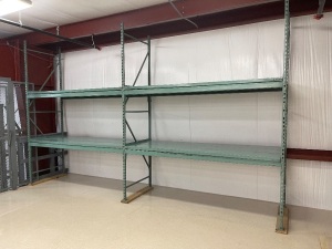 (2) Sections of 3 ft. deep Pallet Racking. Lot Includes: (3) 10 ft. Teardrop Style Uprights, (8) 8 ft. Beams to make 4 Shelves, and Metal Decking for the Shelves. Excellent Condition. Currently Unassembles and Ready for Transport