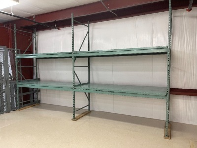 (2) Sections of 3 ft. deep Pallet Racking. Lot Includes: (3) 10 ft. Teardrop Style Uprights, (8) 8 ft. Beams to make 4 Shelves, and Metal Decking for the Shelves. Excellent Condition. Currently Unassembles and Ready for Transport
