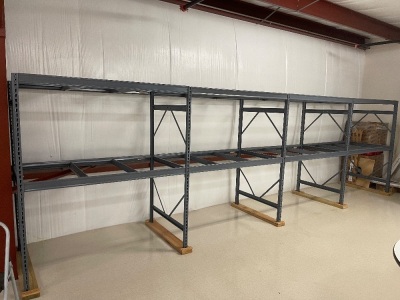 (4) Sections of 6 ft. tall x 3 ft. deep Edsal Metal Storage Rack. Lot Includes: (5) 6 ft. x 3 ft. Uprights, (12) 5 ft. Beams to make 6 Shelves, and Metal Decking for the Shelves. Excellent Condition. Currently Unassembled and Ready for Transport