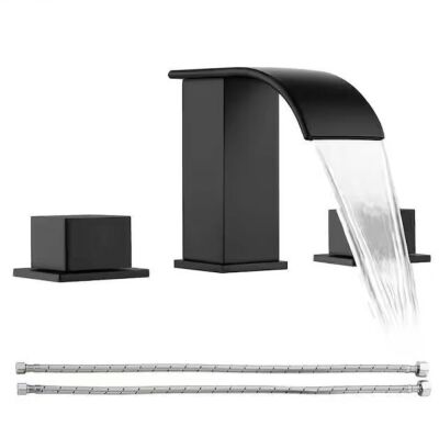 8 in. Widespread Double Knob Handles Waterfall Spout Bathroom Sink Faucet with Supply Lines in Matte Black
