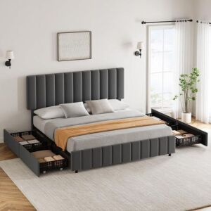 GARVEE Grey Queen Linen Upholstered Bed Frame with 4 Storage Drawers, Adjustable Headboard, Sturdy Wooden Slats