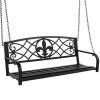 2-Person Outdoor Metal Hanging Swing Bench w/ Fleur-de-Lis Accents