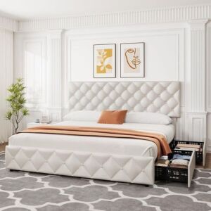 King Size Faux Leather Upholstered Platform Bed Frame with Adjustable Headboard, 4 Storage Drawers 