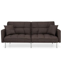 Convertible Linen Tufted Futon w/ 2 Plush Pillows, Split-Back Design. Appears New