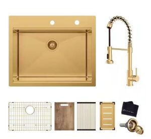 Glacier Bay 33 in. Drop In Single Bowl 18-Gauge Gold Stainless Steel Workstation Kitchen Sink with Spring Neck Faucet