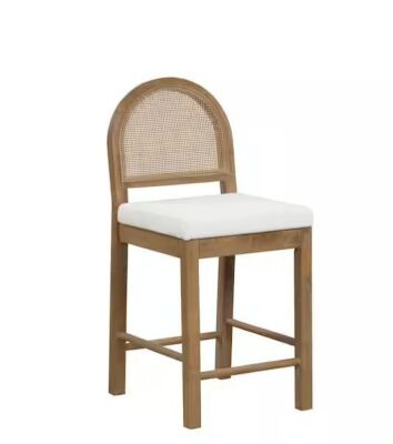 Nathan James Bailey 24 in. Upholstered Boucle Rattan and Wood Counter Height Bar Stool w/ Woven Back, Cream Boucle/Brown