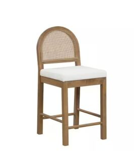 Nathan James Bailey 24 in. Upholstered Boucle Rattan and Wood Counter Height Bar Stool w/ Woven Back, Cream Boucle/Brown