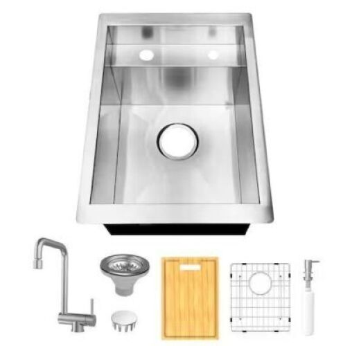 Glacier Bay&nbsp;Zero Radius 15 in. Undermount 18G Stainless Steel Single Bowl Workstation Bar Sink with Folding Faucet