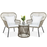 3-Piece Patio Wicker Conversation Bistro Set w/ 2 Chairs, Glass Top Table&nbsp;