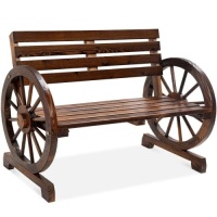 2-Person Rustic Wooden Wagon Wheel Bench w/ Slatted Seat and Backrest&nbsp;
