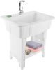  Freestanding Plastic Laundry Sink with Washboard & Cold/ Hot Water Faucet, 31.5 x 22 x 31.5in