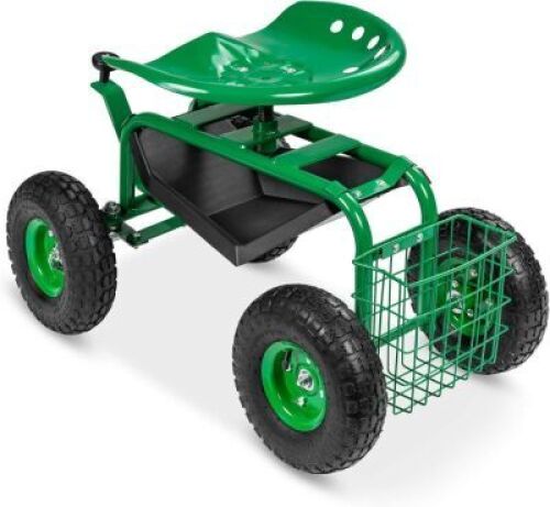 4-Wheel Garden Cart Mobile Rolling Work Seat w/Tool Tray, Storage Basket, Rubber Tires
