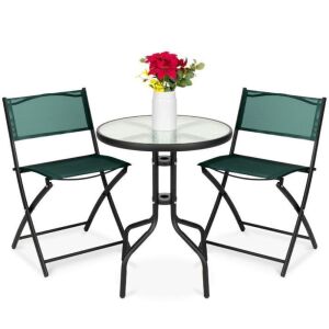 3-Piece Bistro Set w/ Glass Table, 2 Foldable Chairs