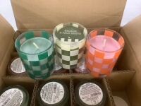 Case of (12) 3.5oz Checkered Glass Candles, Cardamom Chai Cupcake, Vintage Bourbon & Apple, Balsam & Palo Santo