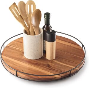 18" Acacia Wood Lazy Susan Turntable with Metal Frame