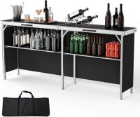 VINGLI 78" Portable Bar Table, 2-Tier Shelves,&nbsp;with Black Skirt