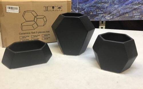 3 Piece Ceramic Geometric Flower Pot Set, Black - Appears New&nbsp;