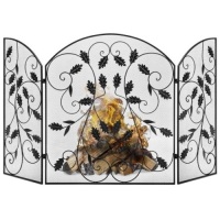 3-Panel 50x30in Steel Metal Mesh Fireplace Screen w/ Rustic Worn Finish, Scroll Leaf Decals