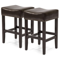 Set of 2 Backless Faux Leather Upholstered 26in Counter Stools w/ Brass Nailhead Trim