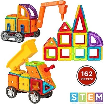 162-Piece Magnetic Tiles for STEM Education w/ Excavator Truck