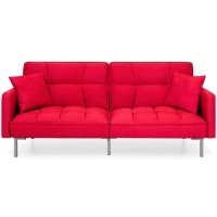Convertible Linen Fabric Tufted Splitback Futon Couch w/ Pillows&nbsp;