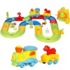 Kids Electric Train Track Car Toy Set w/ Puppy, Traffic Signs, Stickers, Lights, Sounds
